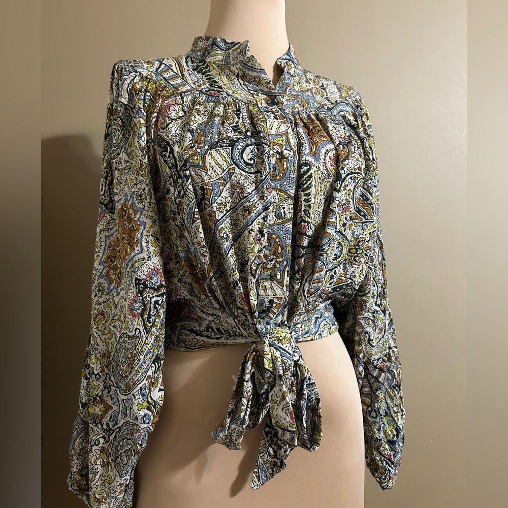 Nicole Miller Multicolor Paisley Tie-Front Blouse